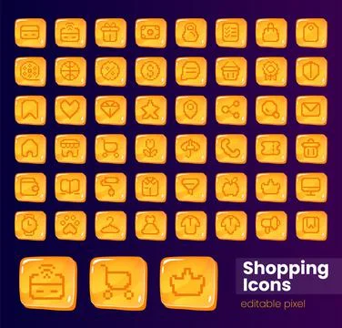 Shopping glossy ui button with pixelated icon big set Stock Illustration