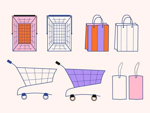 Shopping graphics vector set. Supermarket carts, shopping baskets, paper bags Stock Illustration