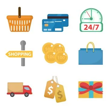 Shopping icon set, flat style. Shop icons collection isolated on white backgr Stock Illustration