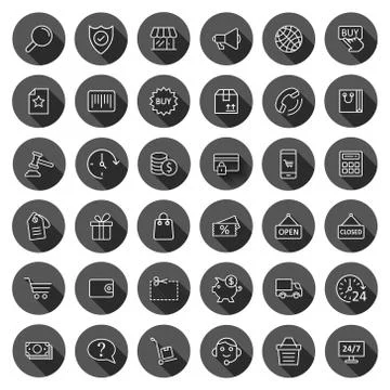 Shopping icon set in flat style. Online commerce vector illustration on black Stock Illustration
