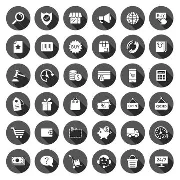 Shopping icon set in flat style. Online commerce vector illustration on black Stock Illustration