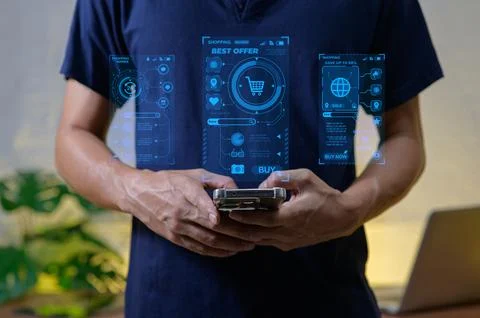 Shopping Interface Visualization with Smartphone in Digital Environment Stock Photos