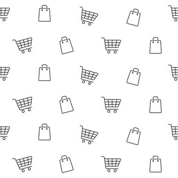 Shopping line seamless pattern. Shopping cart and bag on white background. イラスト素材