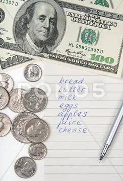 Shopping list, money and pen Stock Photos