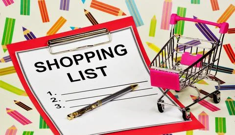 Shopping list. Text label in notepad. Stock Photos