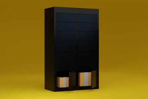 Shopping locker. Delivery boxes on a yellow background. 3d render Stock Illustration