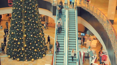 Shopping Mall Escalators Time-Lapse. People going up and down.  Christmas sale Stock Footage 58705571