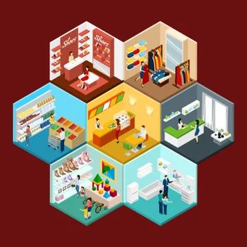 Shopping Mall Hexagonal Pattern Isometric Composition Stock Illustration
