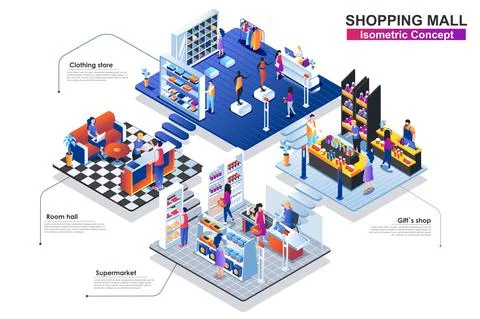 Shopping mall interior isometric concept. People characters work in departmen Ilustración de archivo
