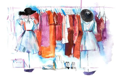 Shopping mall store clothes exhibition clothing display garment rack watercolor Stock Illustration
