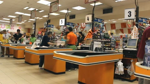 Shopping market store place grocery timelapse,cash registers in the store Stock Footage