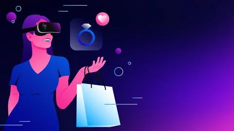 Shopping in Metaverse. Woman in VR Goggles buying stuff Illustration Stock Illustration