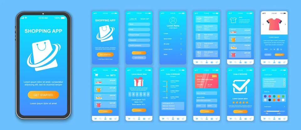 Shopping mobile app interface screens template set. Online account, assortmen Stock Illustration