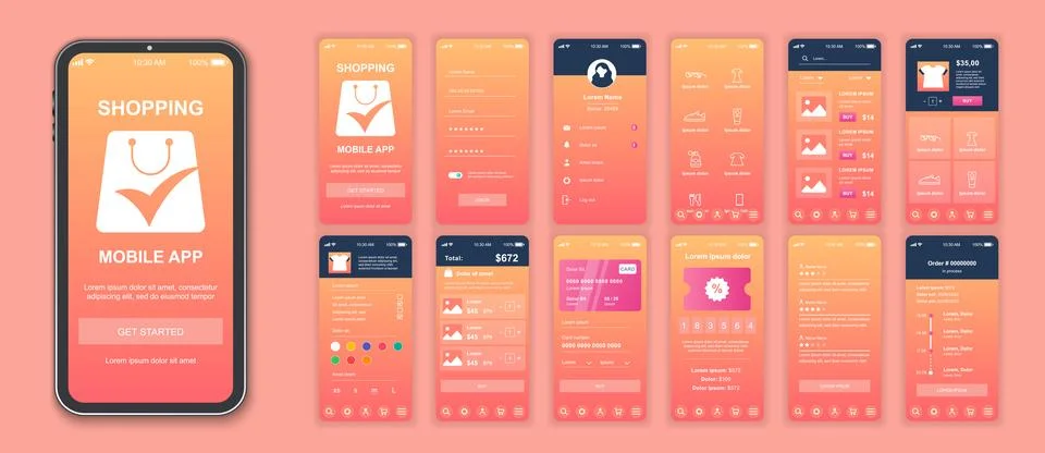 Shopping mobile app interface screens template set. Online account, assortmen Ilustração Stock