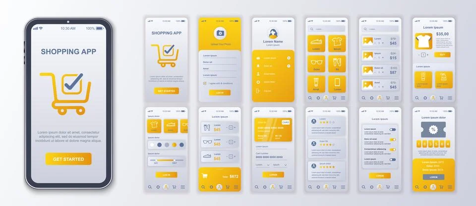 Shopping mobile app interface screens template set. Account login, assortme.. Stock Illustration
