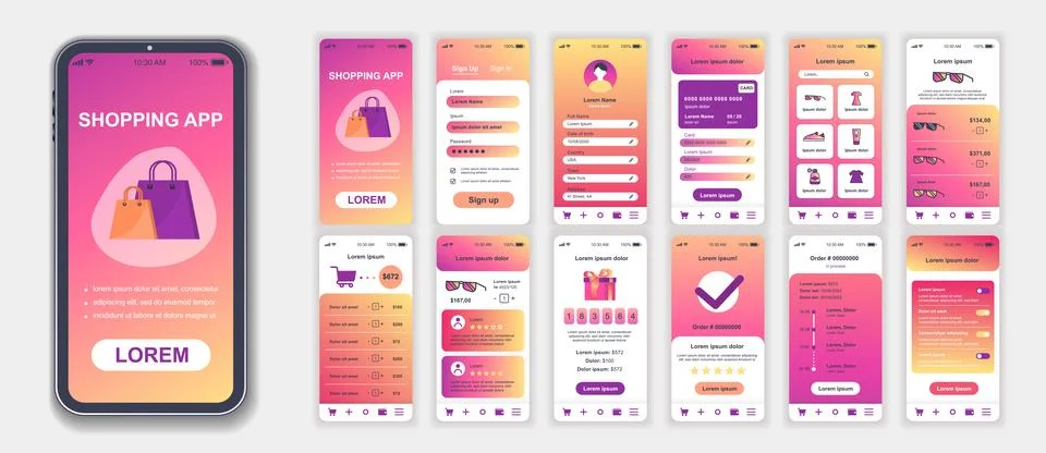 Shopping mobile app interface screens template set. Account login, credit c.. Stock Illustration