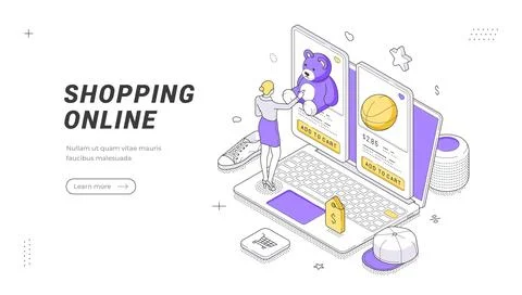 Shopping Online And E-commerce Marketplace Store Isometric Vector Illustrat.. Stock Illustration