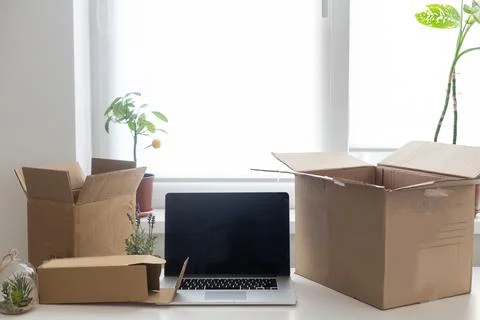 Shopping online e-comerce, Parcel boxes on a laptop. Fotos Stock