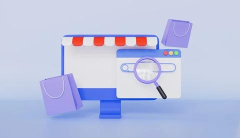 Shopping online e-commerce, computer, shopping paper bag concept Illustrazione stock