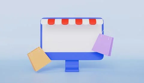 Shopping online e commerce, computer, shopping paper bag concept Illustrazione stock