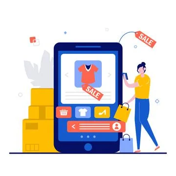 Shopping online, e-commerce concept with character. Consumer buying in an o.. Stock Illustration