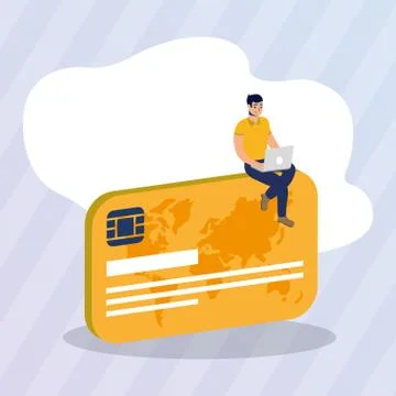 Shopping online ecommerce with man using laptop in credit card Stockillustratie