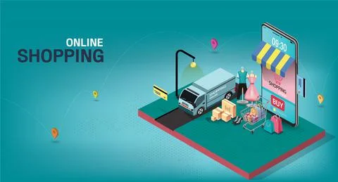 Shopping Online on Mobile Application, Concept delivery, Credit card, Box, Ca Stock Illustration