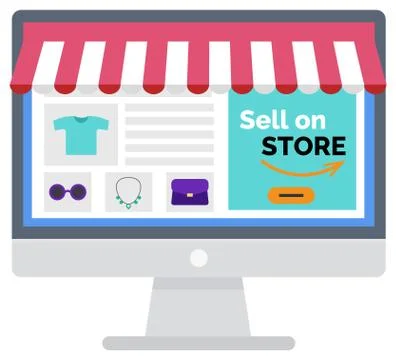 Shopping Online, Sell on Store, Computer Vector Stock Illustration