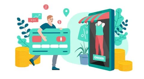 Shopping Online, Website or Mobile Application, Digital marketing. Stock Illustration