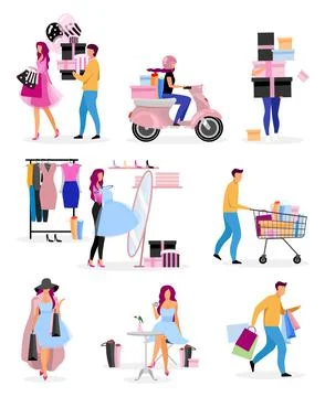 Shopping pastime flat vector characters set Stock Illustration