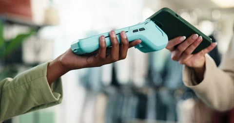 Shopping, people and hands with machine, phone and pos in store for bargain Stock Footage 346217166
