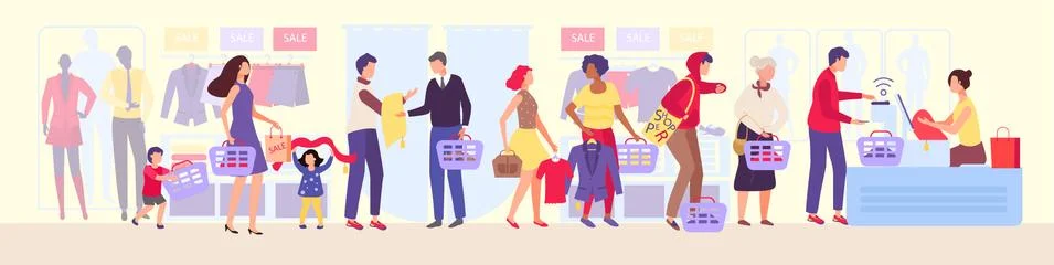 Shopping queue in clothing store vector illustration, queueing the group of イラスト素材