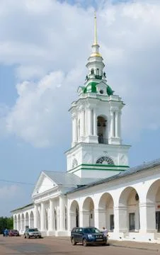 Shopping Rows and bell tower of Church of Saviour, Kostroma 스톡 사진