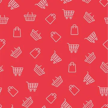 Shopping seamless pattern. Line art. Shopping cart, bag and basket. Stock Illustration