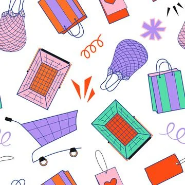 Shopping seamless pattern vector illustration. Colorful retail elements Stock-Illustration