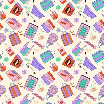 Shopping seamless pattern vector illustration. Colorful retail elements Illustrazione stock