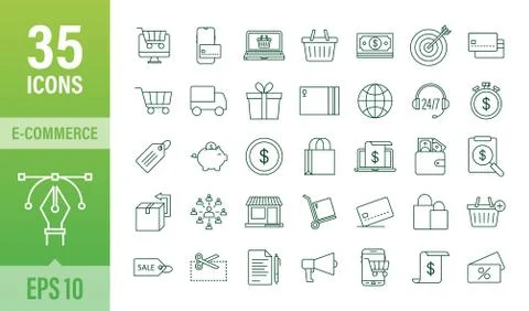 Shopping set icon for web design. E commerce. Discount coupon. Business icon Illustrazione stock
