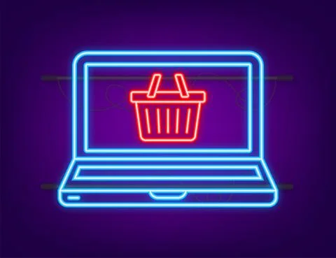 Shopping set neon icon for web design. E commerce. Discount coupon. Business 스톡 일러스트