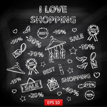 Shopping set with thematic elements on a Chalk board Stock Illustration