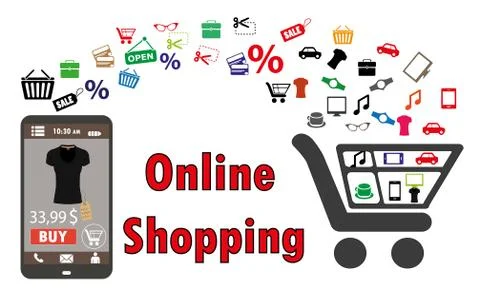 Shopping with smartphone. . Electronic commerce. vector Stock Illustration