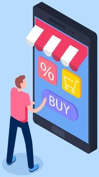 Shopping with special store application. Man is using smartphone with app to buy Stock Illustration