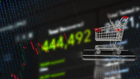 The shopping trolley on mobile for e shopping and shopping online concept 3.. Stock Illustration