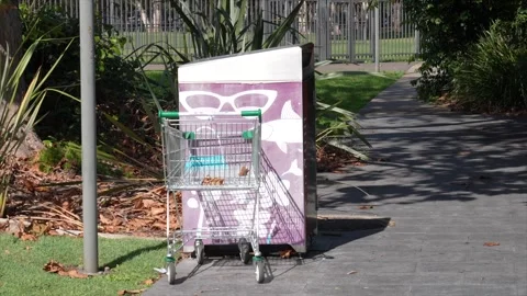 Shopping trolley next to bin on park pathway with surrounding vegetation, Woy Stockbeeldmateriaal 332910846