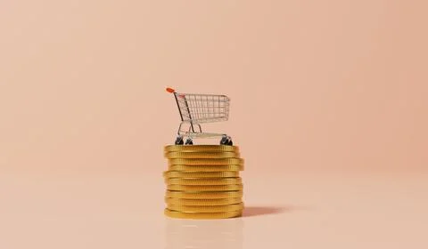 Shopping trolly with stack of gold coins. Inflation concept. 3D Rendering Иллюстрация