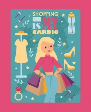 Shopping typography poster, vector illustration. Beautiful woman cartoon Ilustração Stock