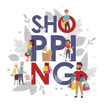 Shopping typography poster, vector illustration. People buying groceries Ilustração Stock