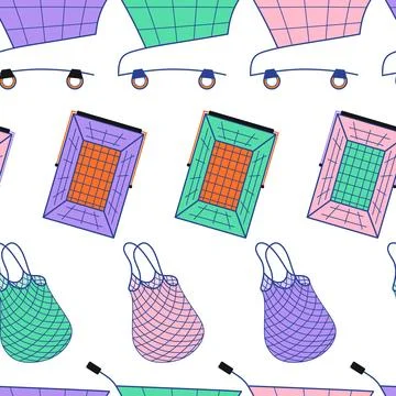 Shopping vector seamless pattern. Vibrant y2k style shopping carts, baskets and 库存插图
