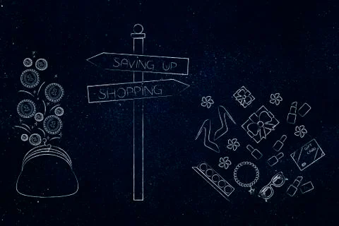 Shopping vs saving up  road sign with fashion objects vs coins into purse Stock Illustration