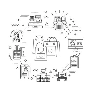 Shopping web banner. E-commerce. Infographics with linear icons on white back Stock Illustration