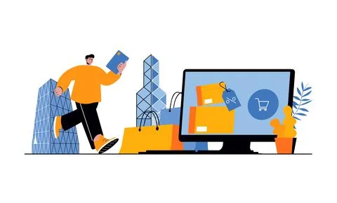 Shopping web concept with people in flat cartoon design. Man making purchases Ilustración de archivo